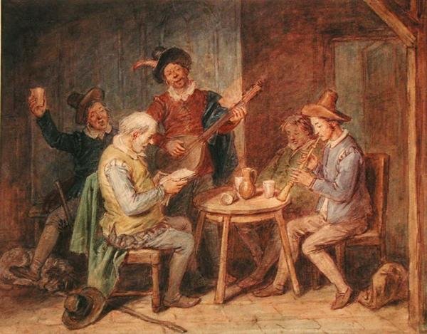 Zenés buli (akvarell papíron) alkotó: John Massey Wright
