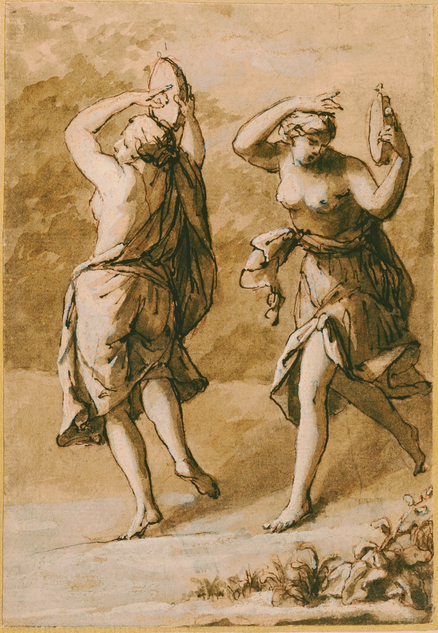 Two Maenads, A Study (barna mosás fehér kiemeléssel és barna tintával a papíron) alkotó: John Michael Rysbrack