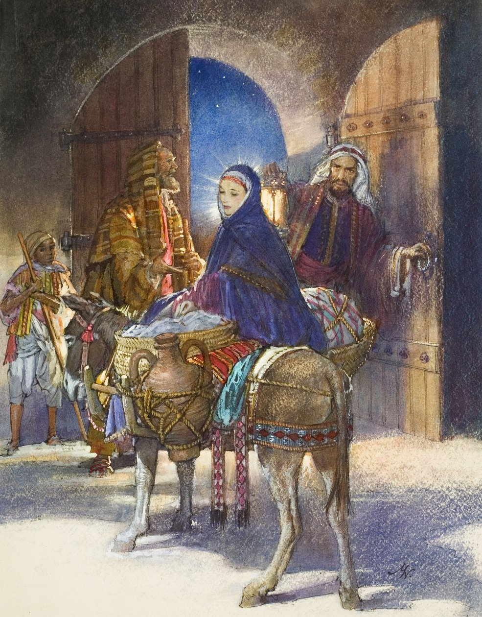 A fogadós meséje: Mária és József Betlehembe érkezik (gouache, papír) alkotó: John Millar Watt