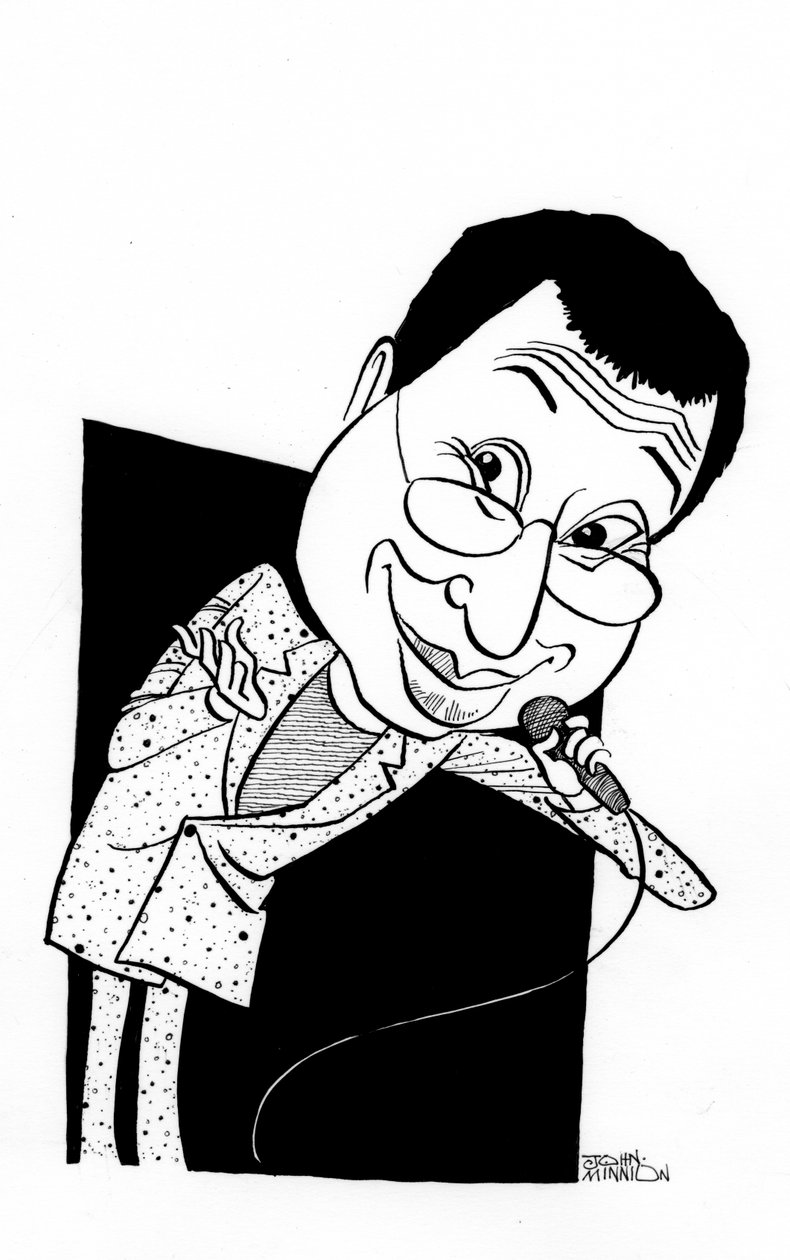 Ben Elton karikatúra, angol humorista, író és rendező: b alkotó: John Minnion