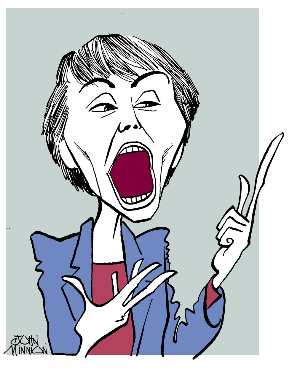 Camille Paglia - karikatúra nyitott szájjal alkotó: John Minnion