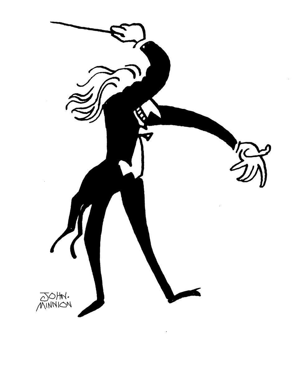 Karikatúra egy karmesterről, aki drámai módon vezényel alkotó: John Minnion