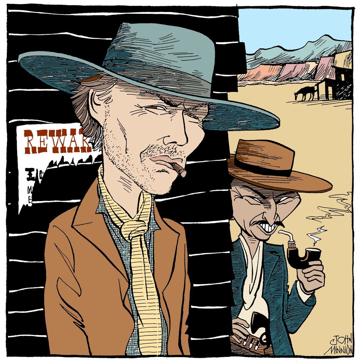 Clint Eastwood és Lee Van Cleef, karikatúra: John Minnion alkotó: John Minnion