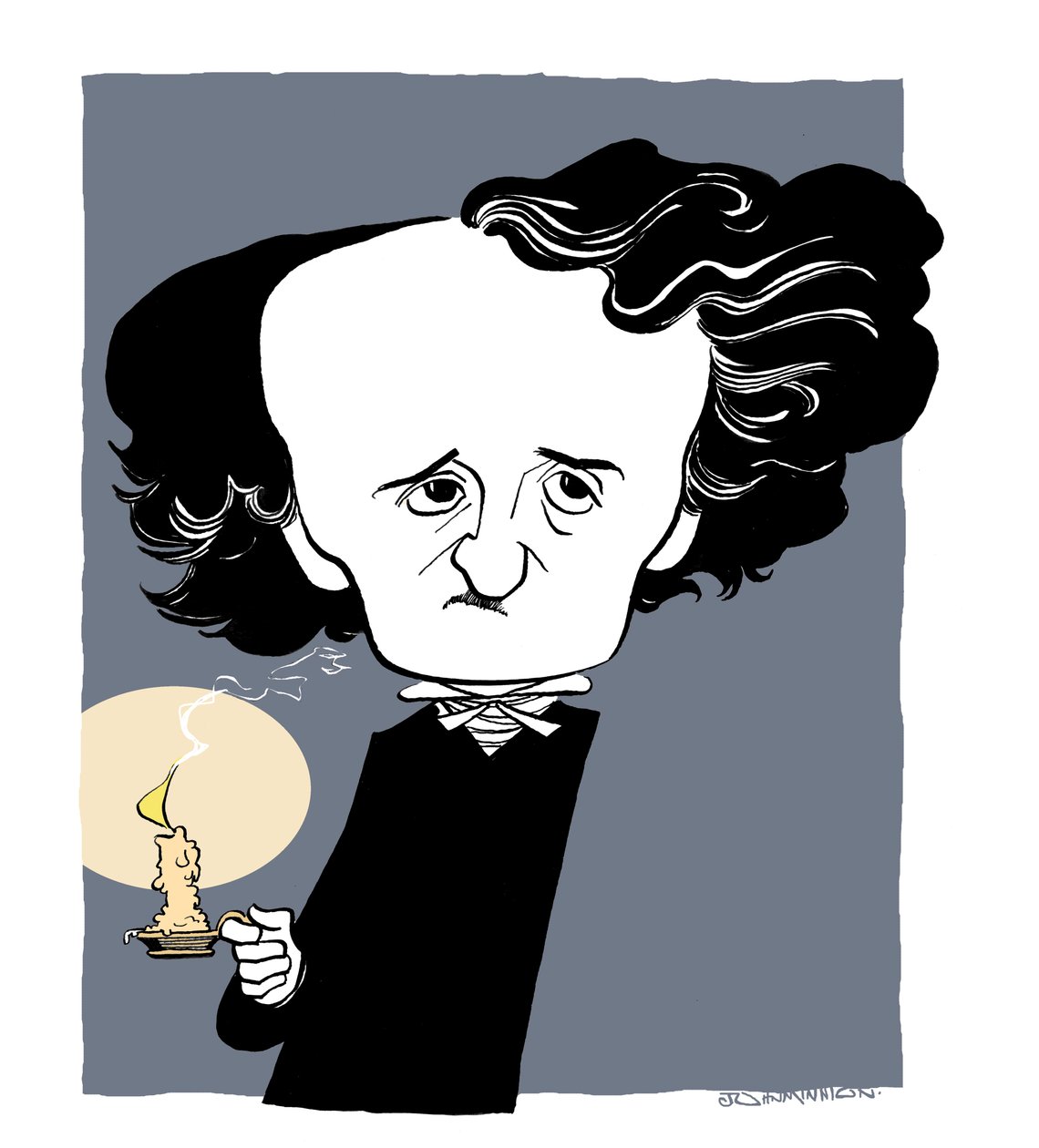 Edgar Allan Poe - karikatúra, kezében gyertyatartóval alkotó: John Minnion