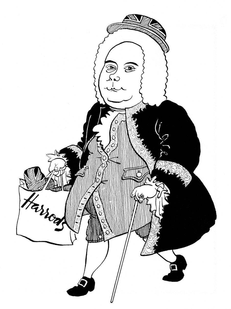 Georg Friedrich - George Frideric Handel - a német (később angol) zeneszerző karikatúrája Union Jack-kalapban és Harrods-táskával. alkotó: John Minnion