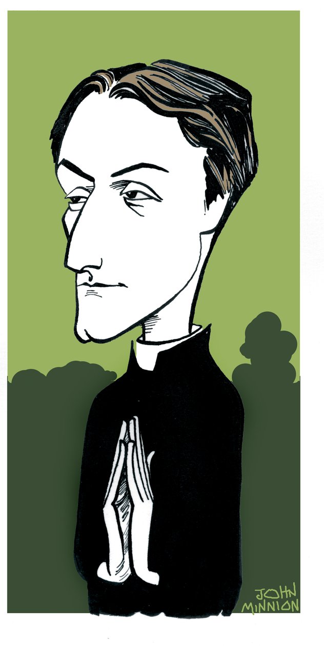 Gerard Manley Hopkins karikatúra, angol költő, római katolikus hittérítő és jezsuita pap: 1844. július 28. - 1889. június 8. alkotó: John Minnion