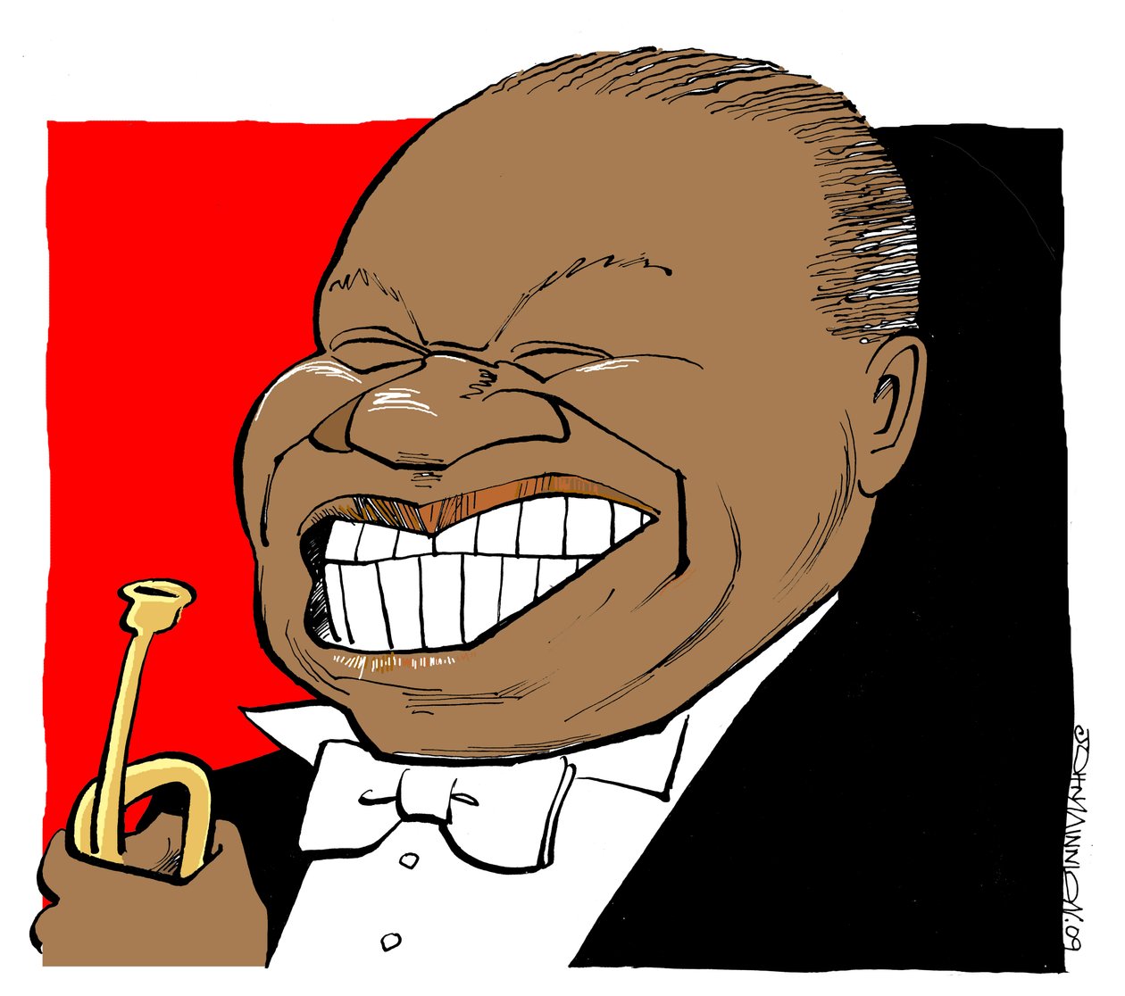 Louis Armstrong - karikatúra, trombitán játszik alkotó: John Minnion