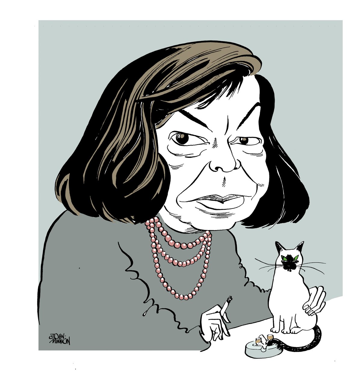 Patricia Highsmith - karikatúra a macskájával, dohányzik alkotó: John Minnion