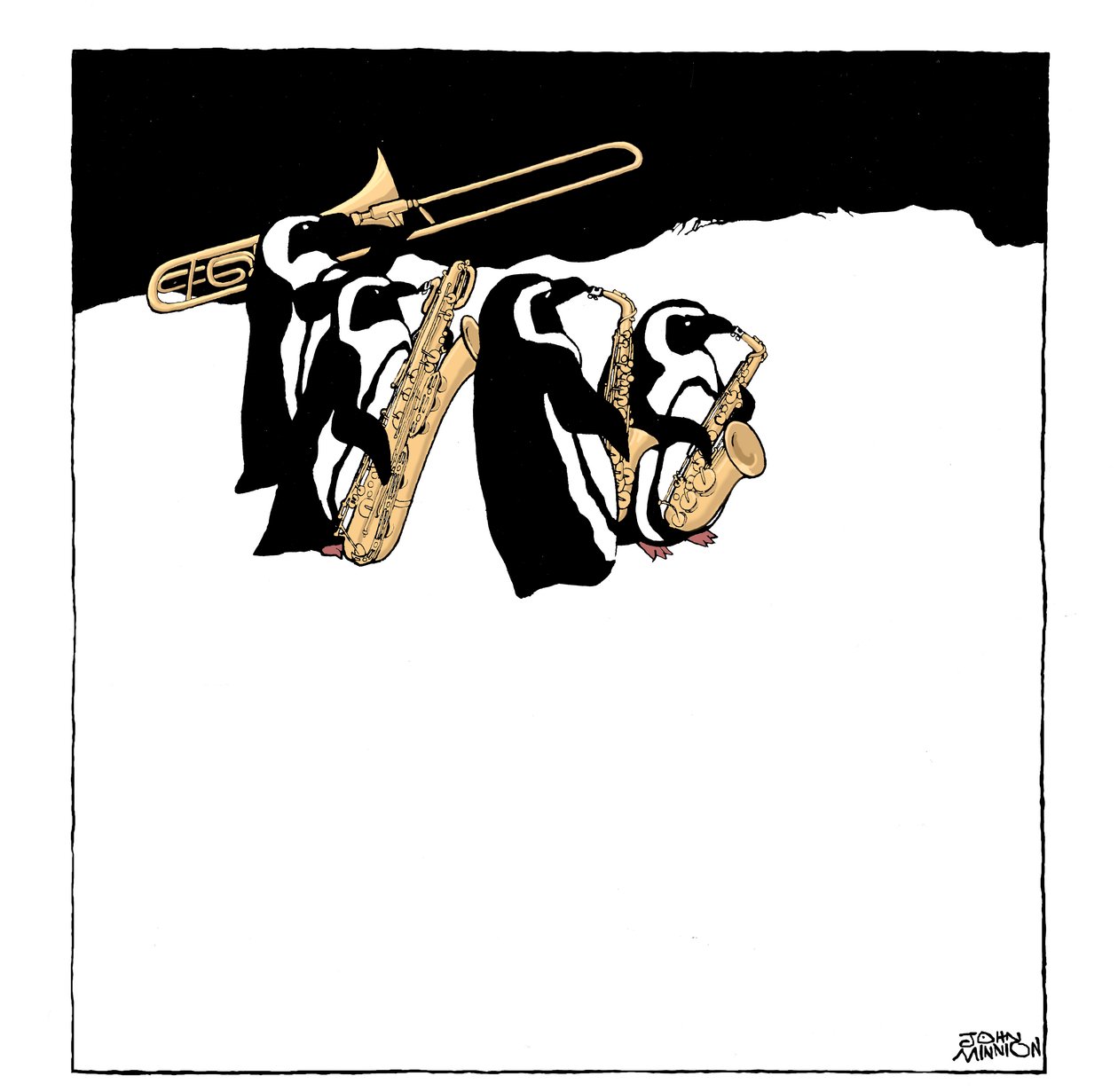 Pingvin zenekar - karikatúra egy csoport pingvinről, akik rézfúvós hangszereken játszanak - harsona és szaxofonok alkotó: John Minnion