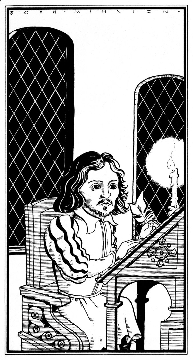 Thomas Tallis - karikatúra íróasztalnál ülve - angol zeneszerző - 1505. január 30. - 1585. november 23. alkotó: John Minnion