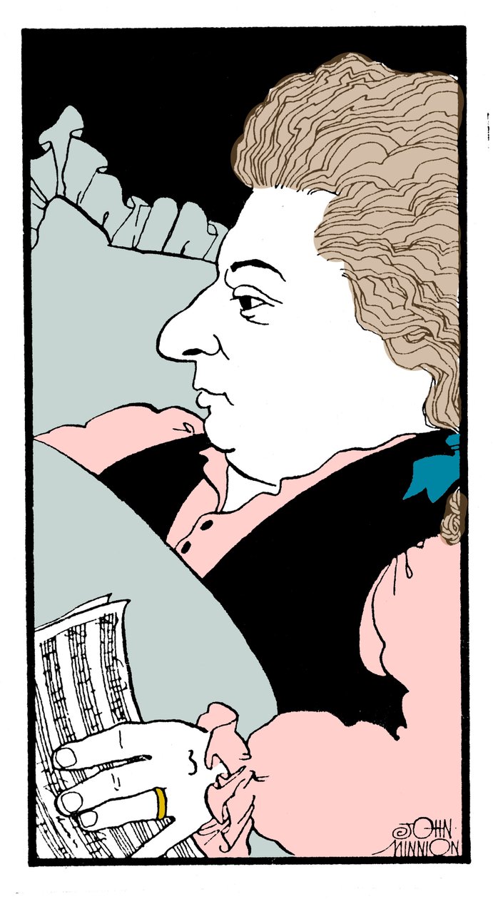 Wolfgang Amadeus Mozart - az osztrák zeneszerző karikatúrája a halálos ágyán alkotó: John Minnion