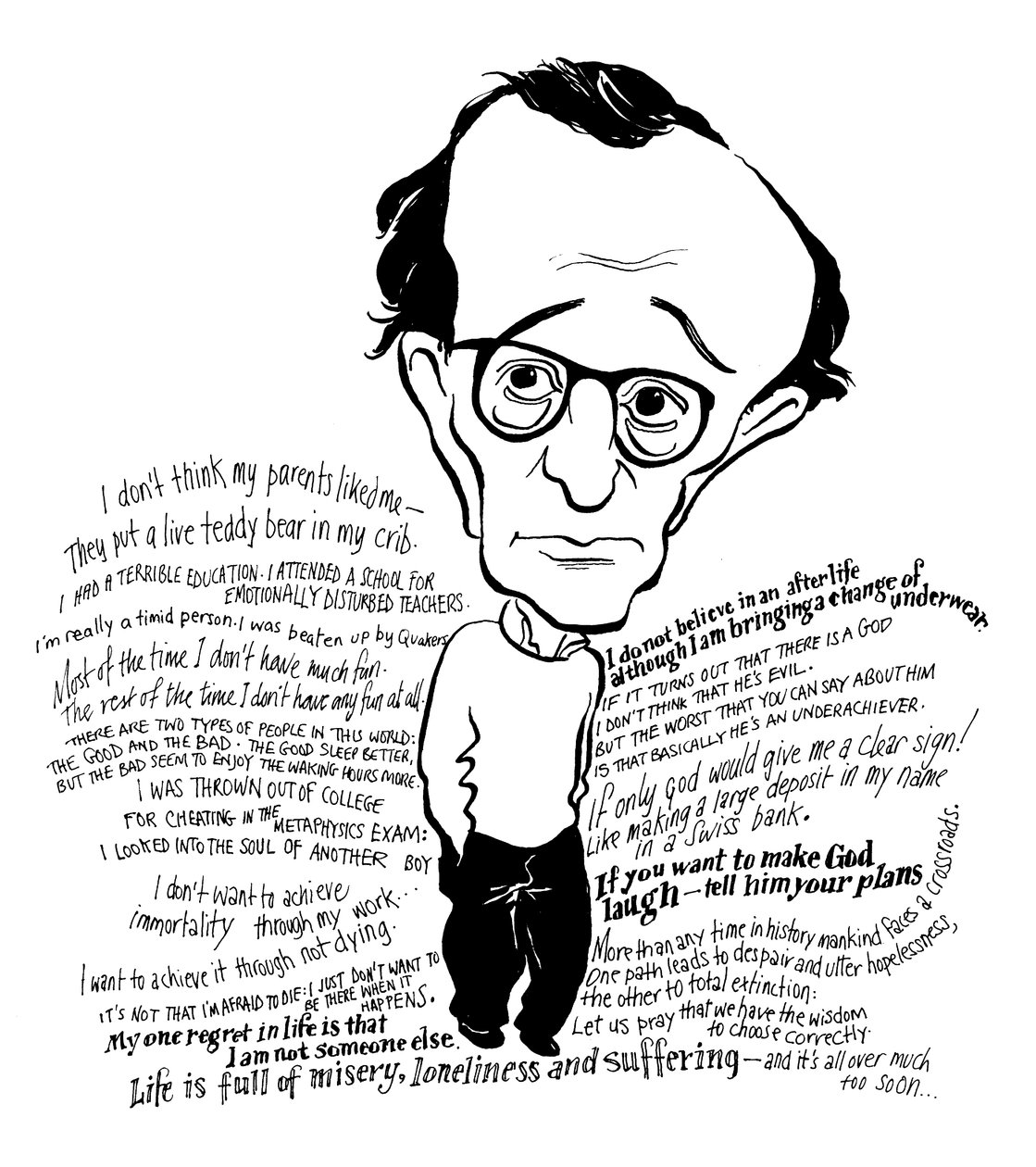 Woody Allen karikatúra, amerikai filmrendező, író, színész, komikus és drámaíró: b alkotó: John Minnion