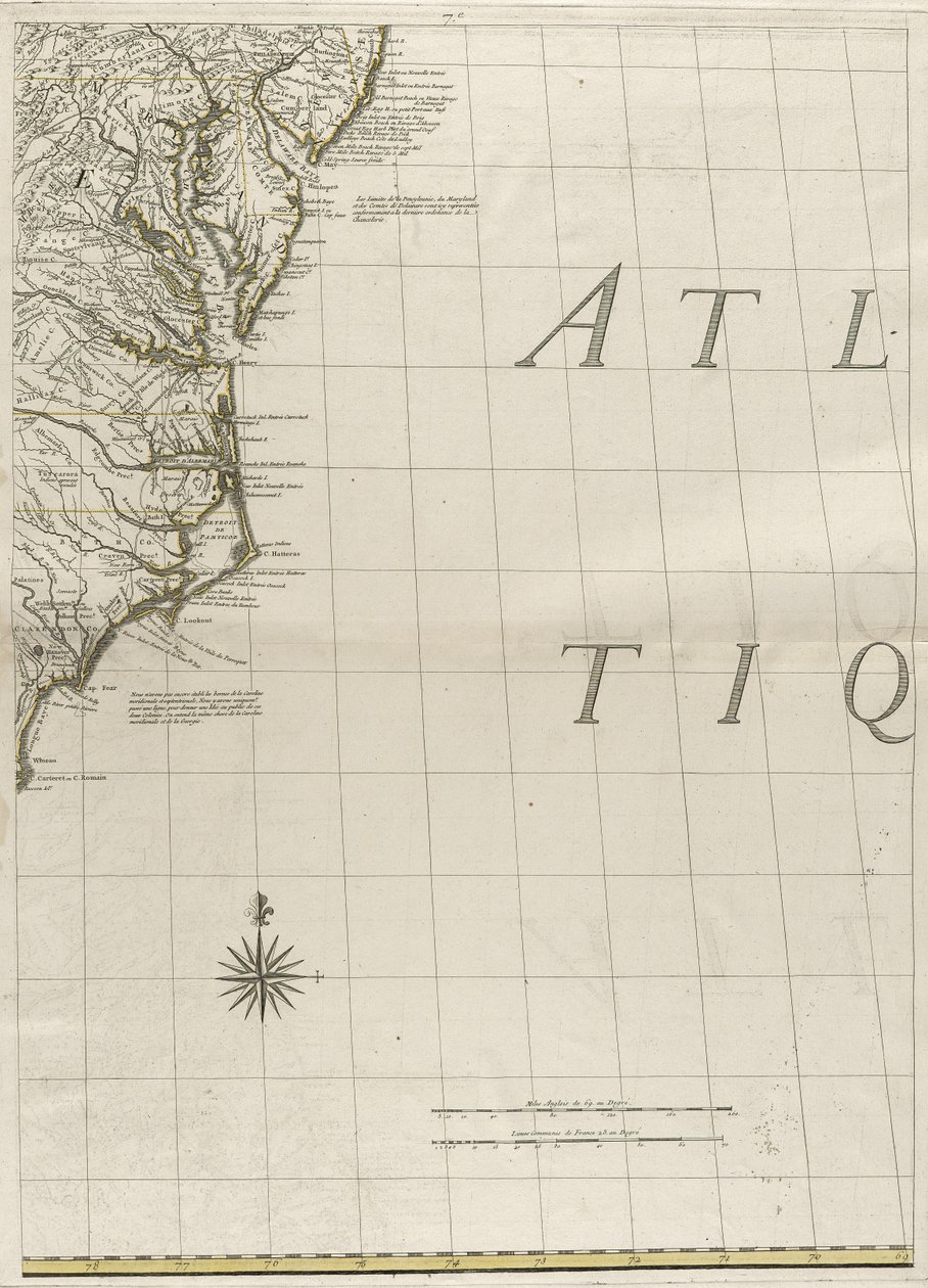 Az amerikai brit és francia uradalmak térképe, 1756 (metszet körvonalszínnel papíron) alkotó: John Mitchell
