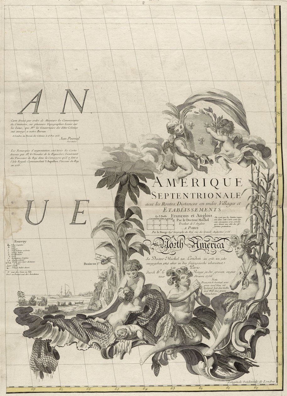 Az amerikai brit és francia uradalmak térképe, 1756 (metszet körvonalszínnel papíron) alkotó: John Mitchell