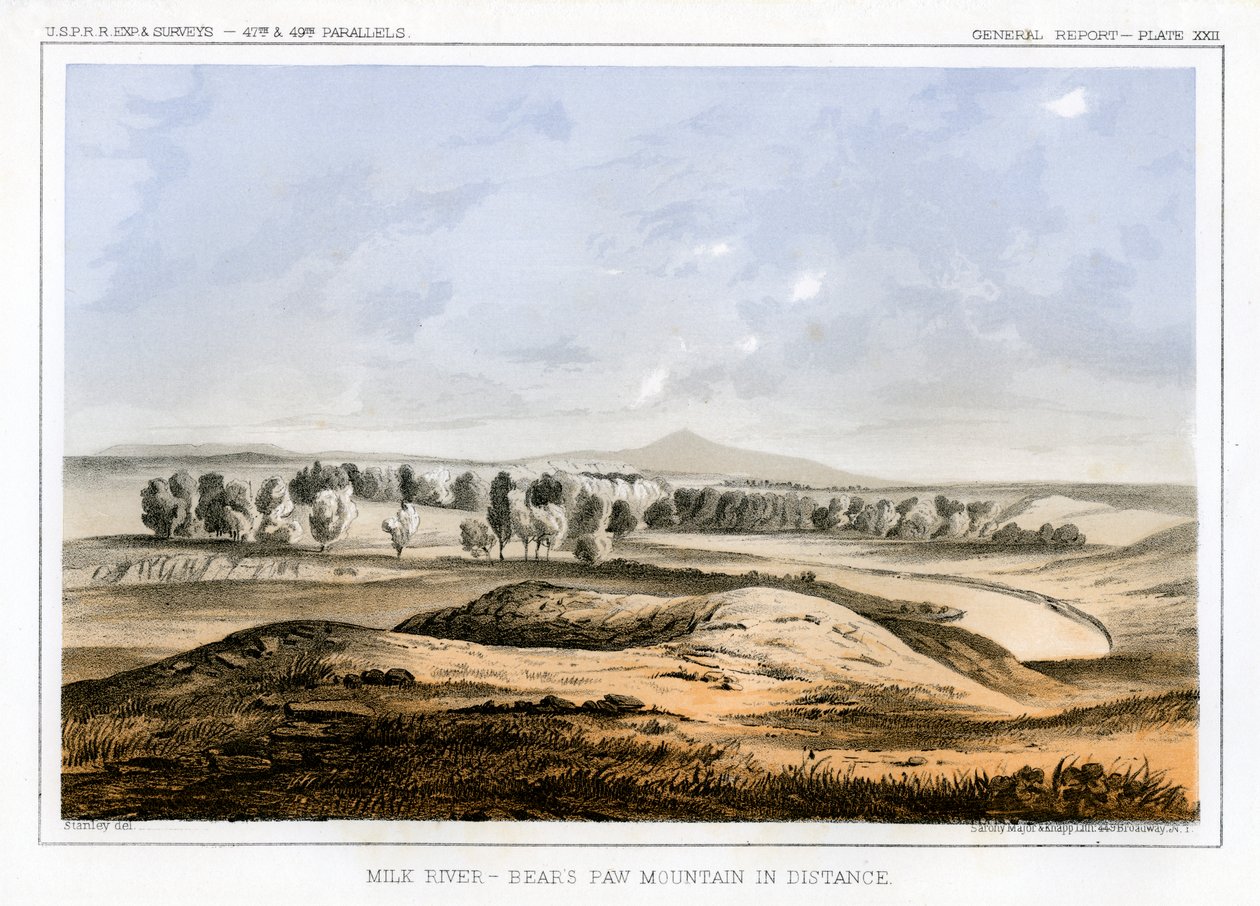 Milk River, a Bears Paw Mountain-val a távolban, Montana, USA, 1856. alkotó: John Mix Stanley