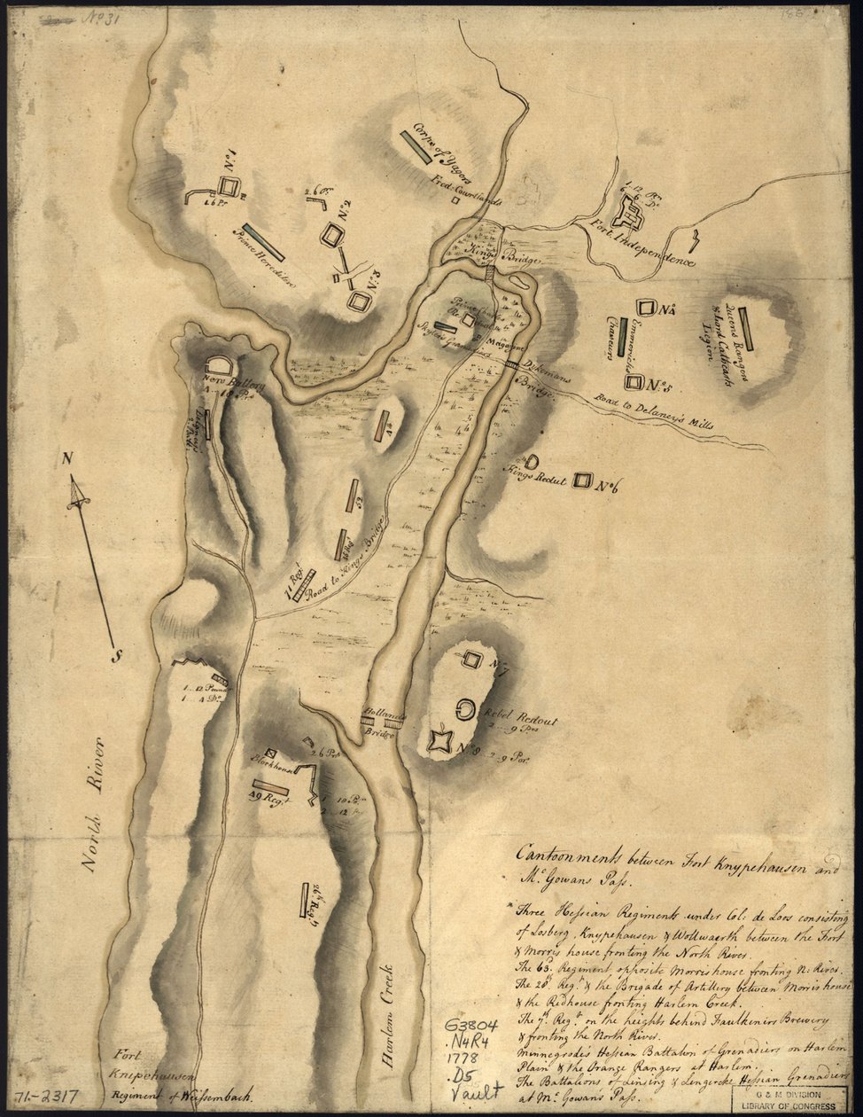 (A brit csapatok elhelyezése, a Knipehausen erődítménytől északra, azaz a Washington-erődtől a Fort Independence-ig tartó erődítményekkel. LOC gm71002317 alkotó: John Montresor