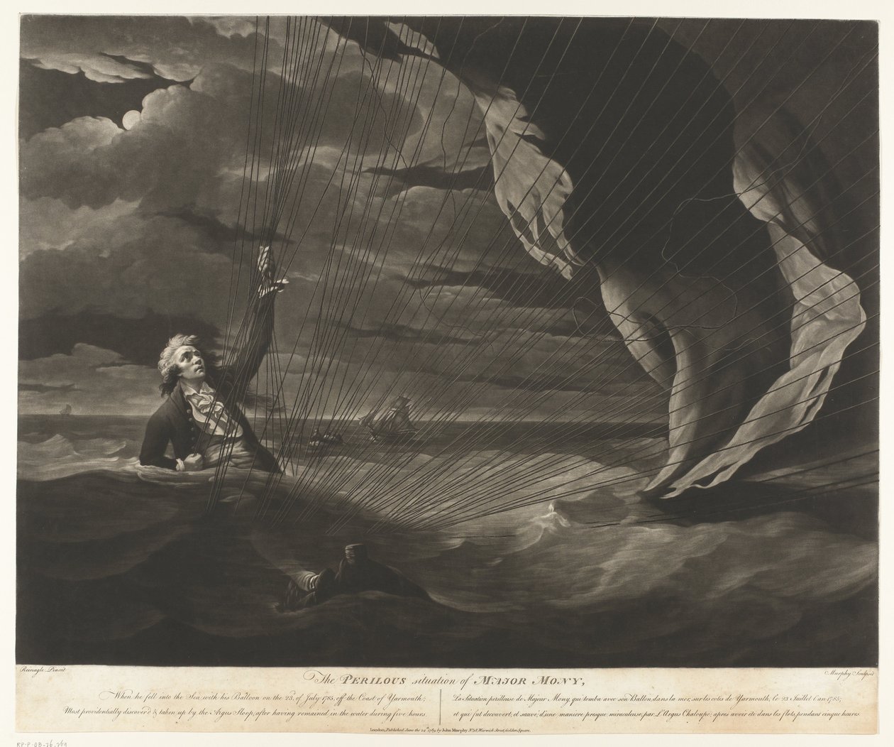 John Money léggömbjével a tengerbe zuhant Mony őrnagy veszélyes helyzete, 1785. július 23. (cím a tárgyon) alkotó: John Murphy
