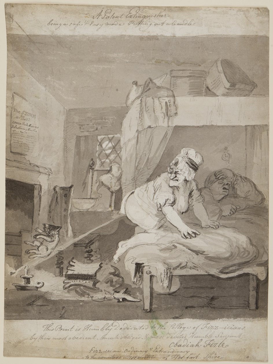Egy szabadalmaztatott tűzoltó, biztonságos és egyszerű mód Gyertyaoltás, 1801 (toll, ecset és tinta papíron) alkotó: John Nixon
