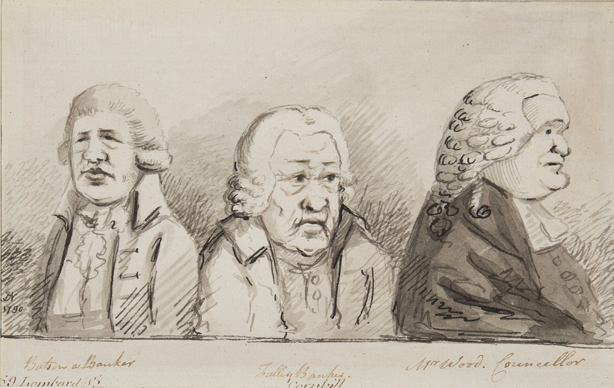 Batson, bankár, Tulley, bankár, Mr Wood, tanácsos, 69 Lombard Street, Cornhill, 1790 (toll, ecset és tinta papíron) alkotó: John Nixon