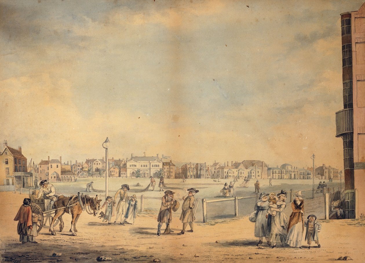 Brighton, bemutatja Miss Widgett körözõ könyvtárát, a Marlborough House-t, a Castle Inn and Assembly Rooms és a Marine Paviliont, 1792 alkotó: John Nixon