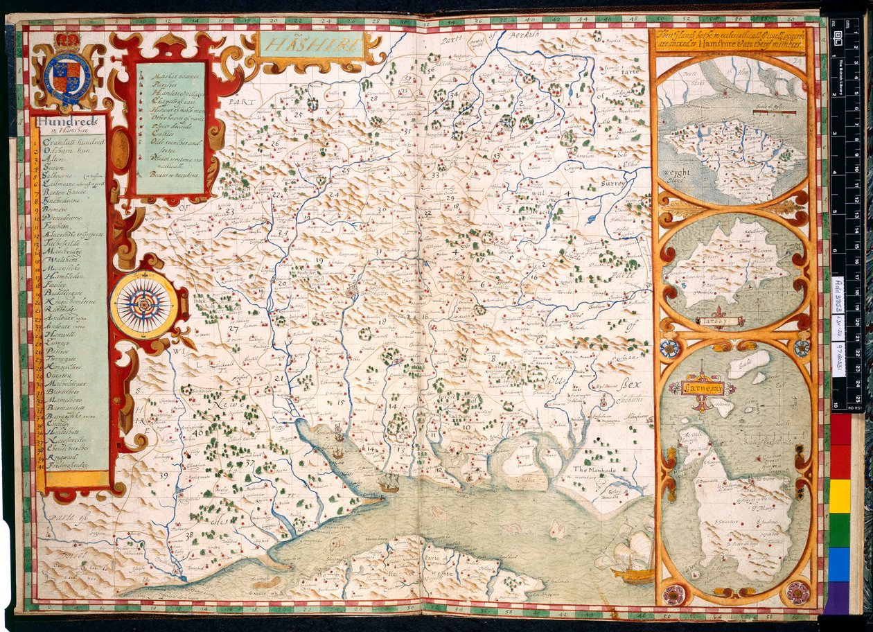 Hozzáadás. 31853, ff.23-24, Southampton, Hampshire: J. Norden leírása, térképpel: 1595 (színes metszet) alkotó: John Norden
