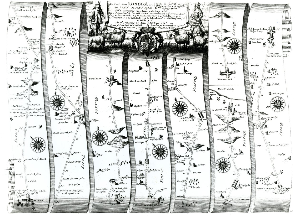 Az út Londonból Wellsbe és Bury St. Edmundsba, Ogilby „Britannia” című művéből, 1675 (metszet) alkotó: John Ogilby