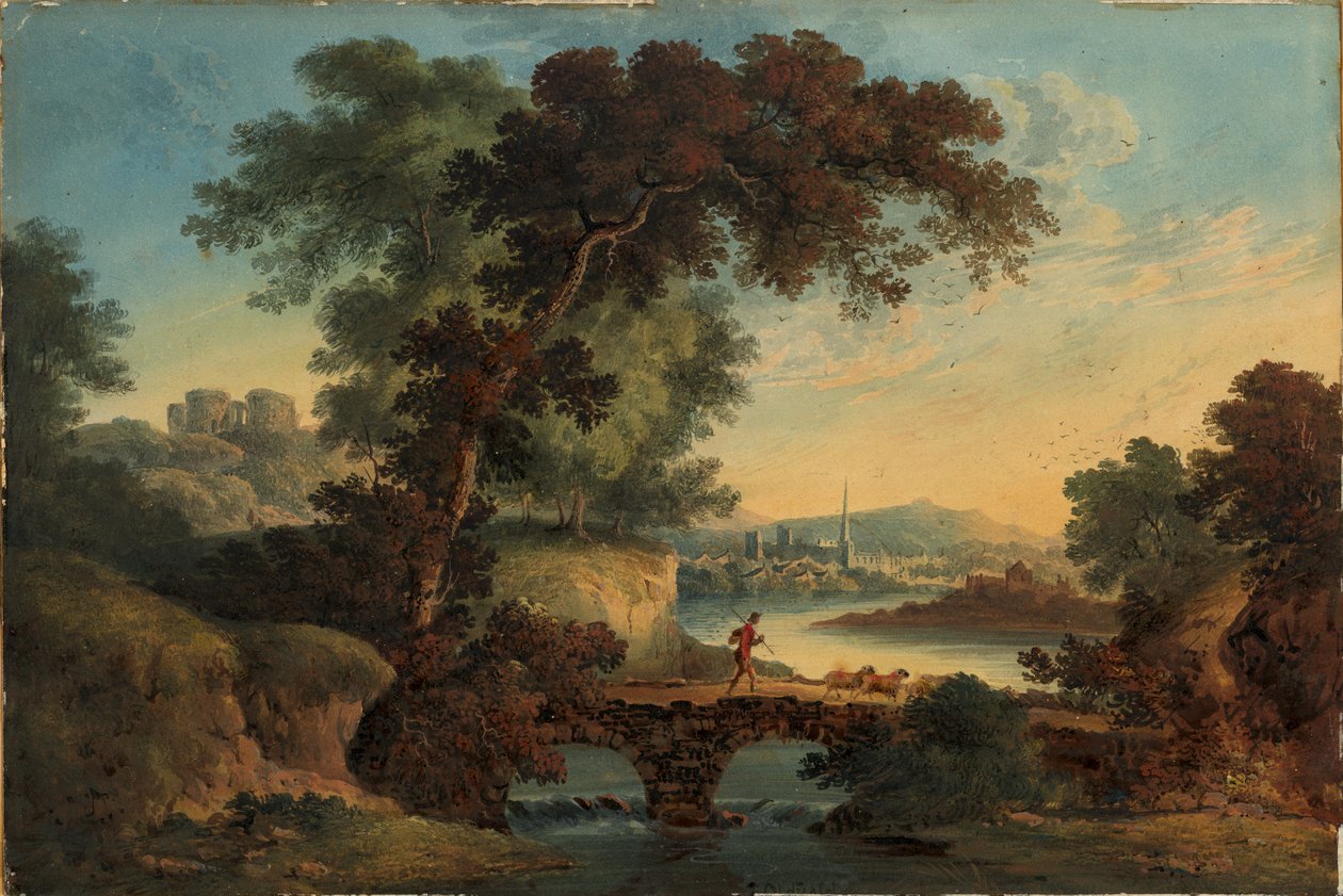 Táj kastéllyal és híddal, 1808-20 körül (Guache és akvarell) alkotó: John Oldfield