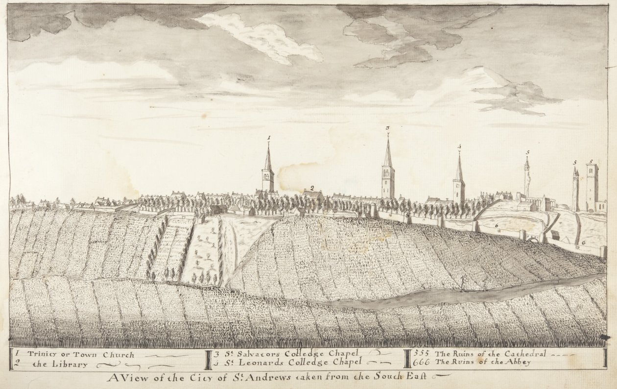 St Andrews Delineated – St Andrews városának képe délkeletről (toll és mosás papíron) alkotó: John Oliphant