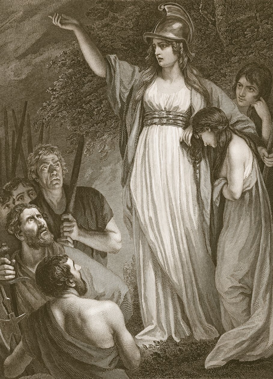 Boadicea harangozza a briteket, Sharp metszete, illusztráció David Hume "The History of England" című művéből, kiadta R. Bowyer, London, 1812. alkotó: John Opie