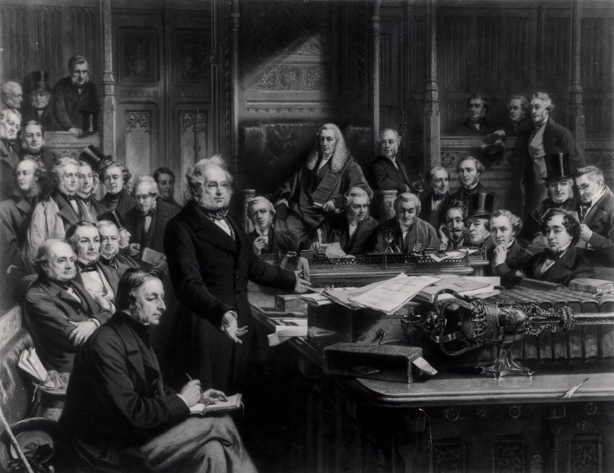 Az alsóház 1860-ban: Lord Palmerston beszédet mond a Házban a Franciaországgal kötött szerződésről szóló vita során, Falkner vésette, 1863 (lásd még: 42219 és 107821) alkotó: John Phillip