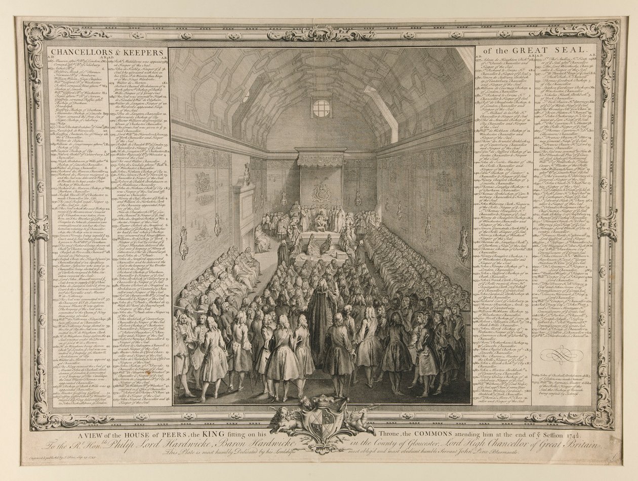 Kilátás a Kortársak Házáról, a trónján ülő királyról, az őt kísérő Commonsról az 1741/2-es ülés végén alkotó: John Pine