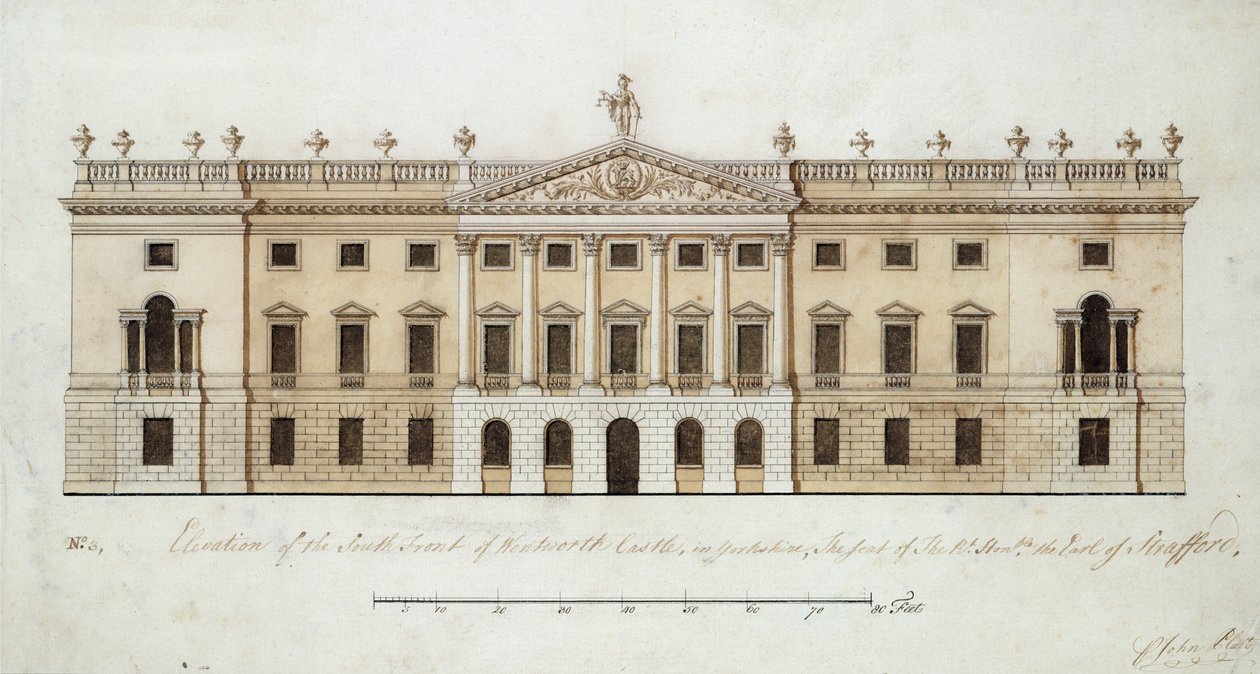 Wentworth-kastély, déli front tervezése, 1760 körül (toll, tinta és akvarell papíron) alkotó: John Platt