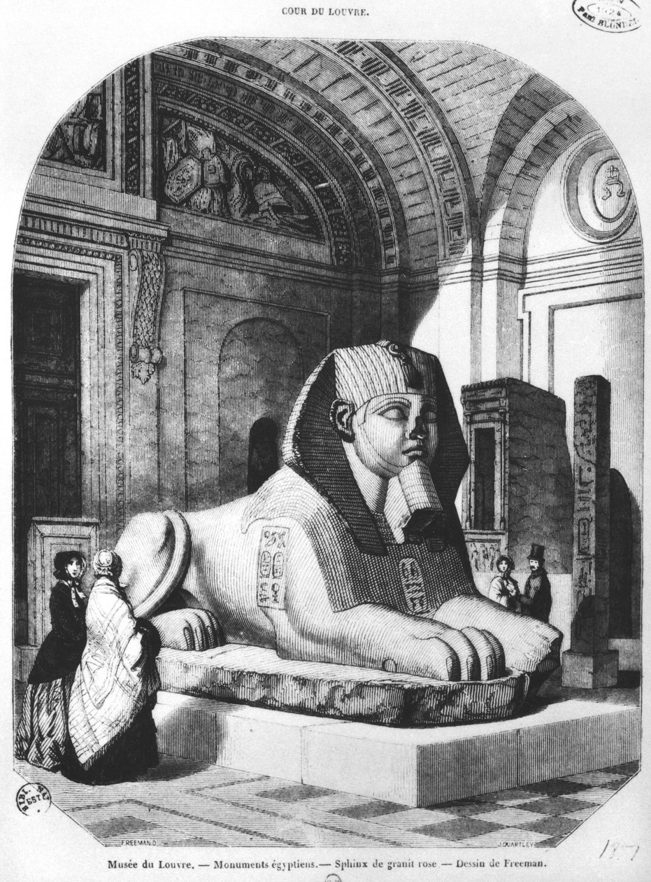 Rózsaszín gránit szfinx a Louvre Múzeum egyiptomi szobáiban, a „Le Magasin Pittoresque” illusztrációja, Freeman rajza alapján, 1851. július alkotó: John Quartley