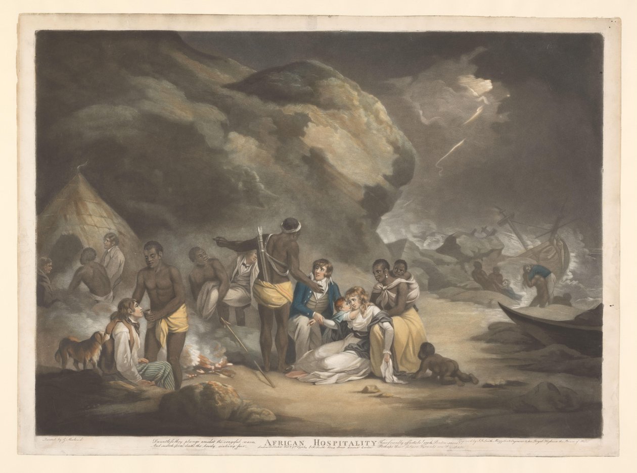 Afrikai emberek segítik a brit veszteségeket Afrikai vendégszeretet (cím a tárgyon) alkotó: John Raphael Smith