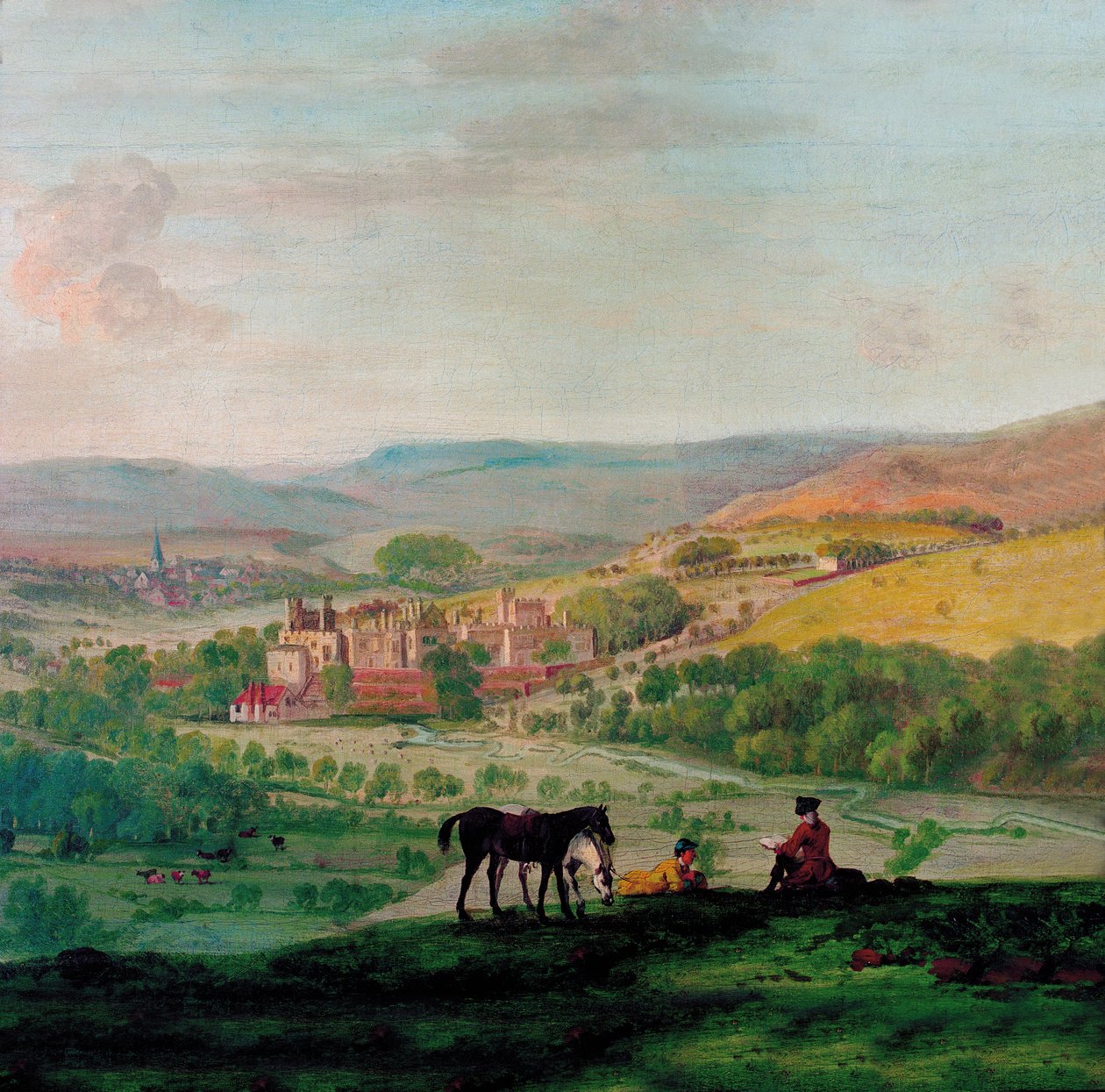 Haddon Hall 18. századi látképe Bakewell faluval a háttérben alkotó: John Raphael Smith