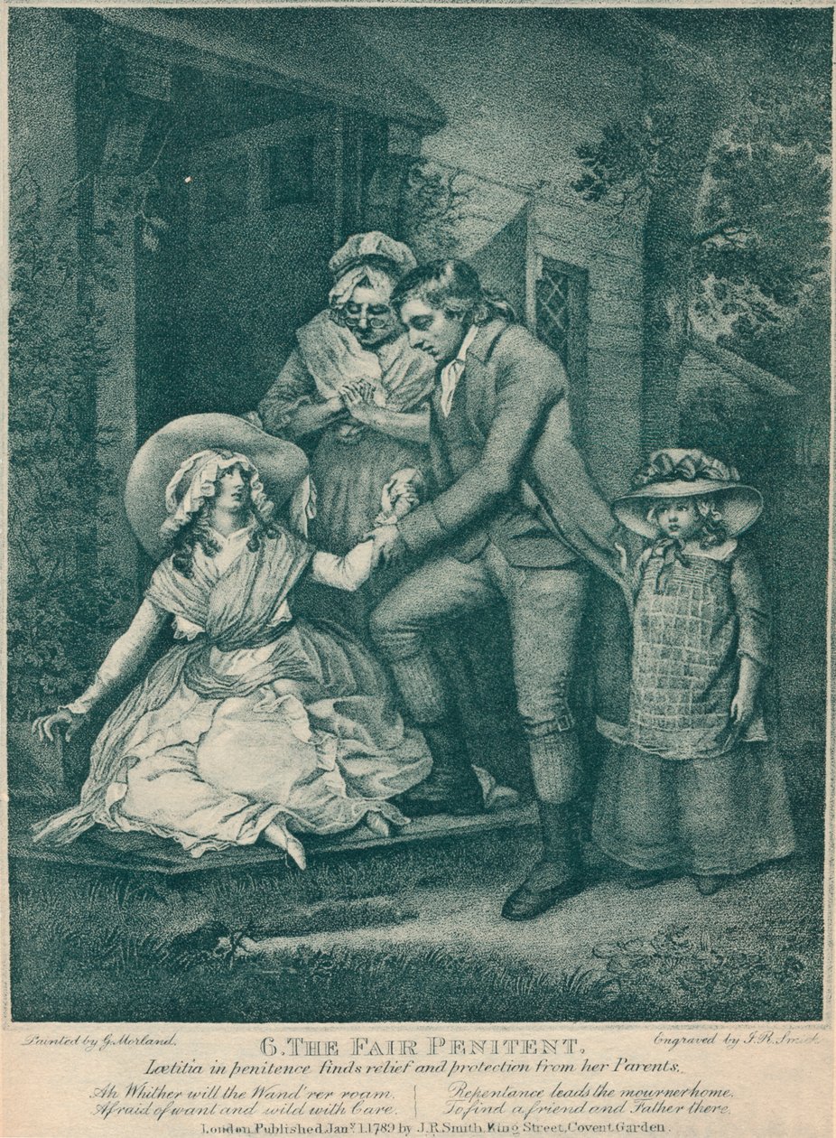 A tisztességes bűnbánó: Laetitia a bűnbánatban megkönnyebbülést és védelmet talál szüleitől, 1789 alkotó: John Raphael Smith
