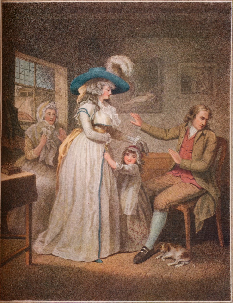 Az erényes szülő. Laetitia hiába próbálkozik a szülőkkel, hogy kibékítse szüleit, 1789 alkotó: John Raphael Smith