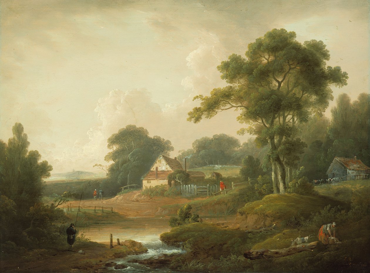 Táj halász és mosónővel, 17901800 alkotó: John Rathbone