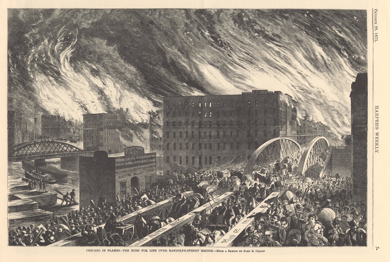 Chicago lángokban – az élet rohanása a Randolph Street Bridge felett, illusztráció a Harpers Weeklyből, 1871 alkotó: John Reuben after Chapin