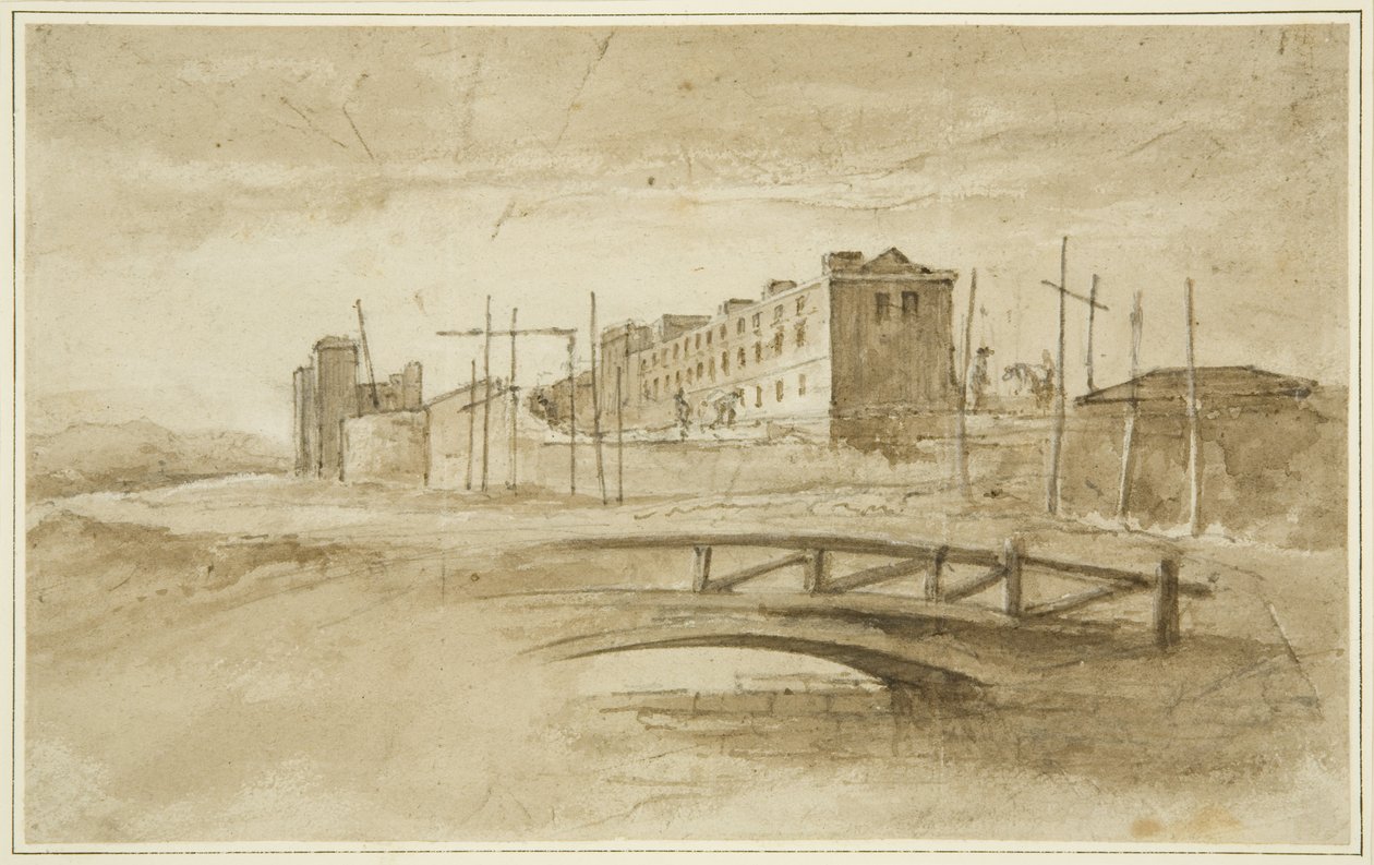 Új börtön építés alatt, a Harford Bridge felől nézve, 1820 körül (ceruza és akvarell papíron) alkotó: John Reverend Eden