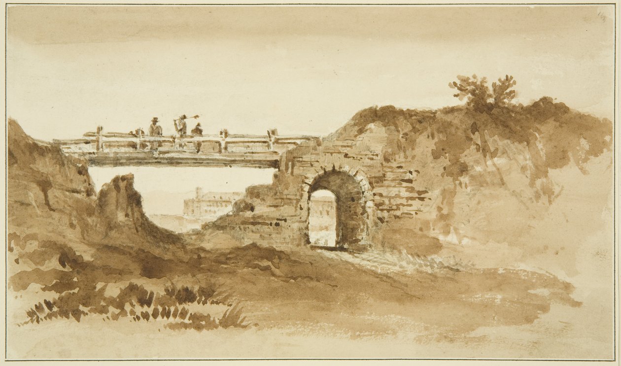 Ideiglenes híd a Koronázási úton az Új börtönnel szemben, 1821 körül (ceruza és szépia mosás papíron) alkotó: John Reverend Eden
