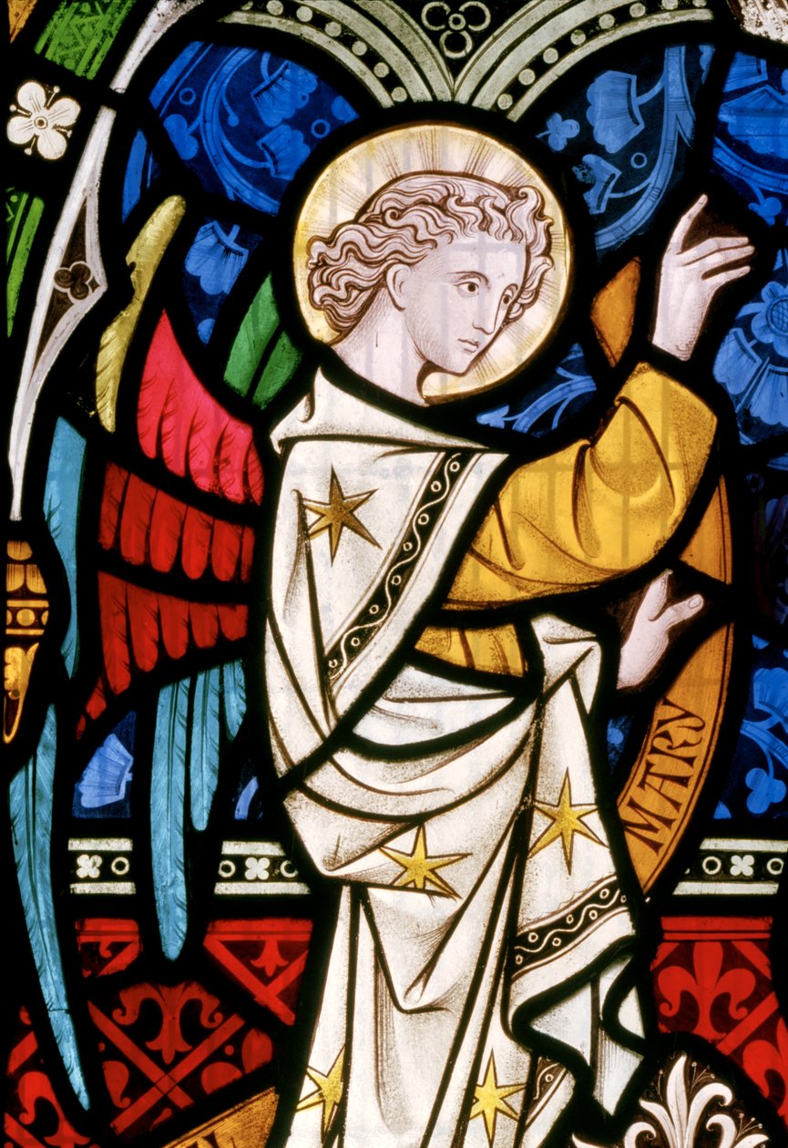 Maulden, St Mary, East Window, részlet, Clayton & Bell, John Richard Clayton (1827-1913), Angel, részlet, Christ in Majesty, 1859 körül Mary alkotó: John Richard Clayton