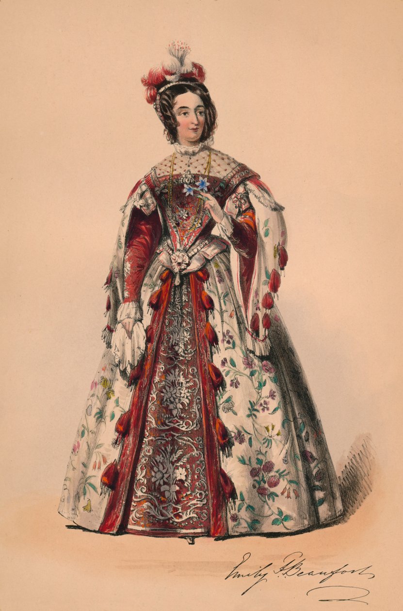 Emily Beaufort hercegnője Victorias Bal Costume királynő jelmezében, 1842. május 12., 1843. alkotó: John Richard Coke Smyth