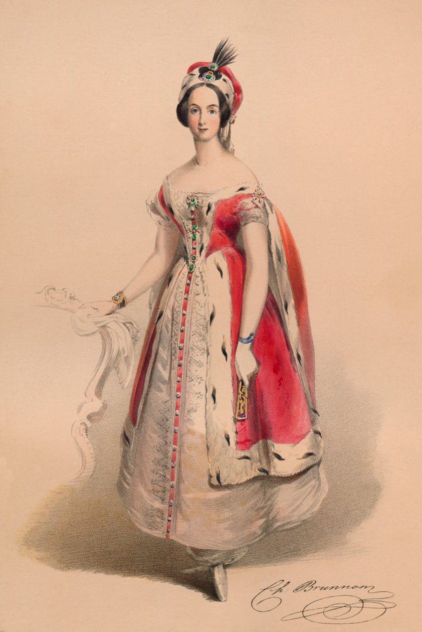 Vendég Victorias Bal Costume királynő jelmezében, 1842. május 12., 1843. alkotó: John Richard Coke Smyth