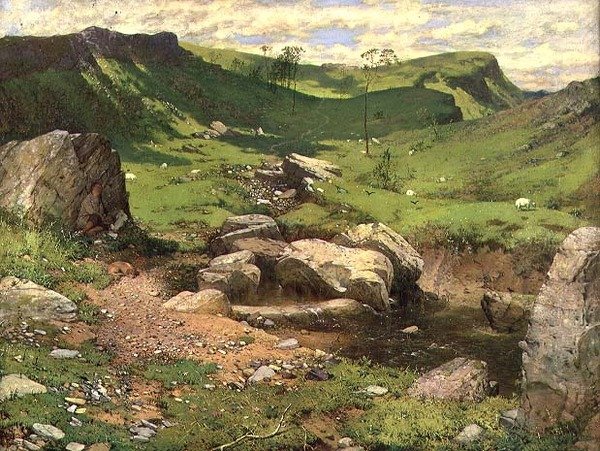Egy sziklás patak egy hegyvidéki tájon alkotó: John Ritchie