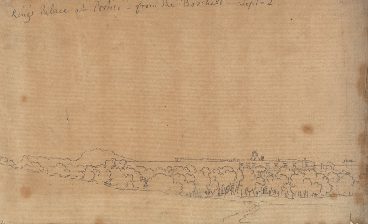 Portici királyi palota a Boschetto felől, szeptember 2. alkotó: John Robert Cozens
