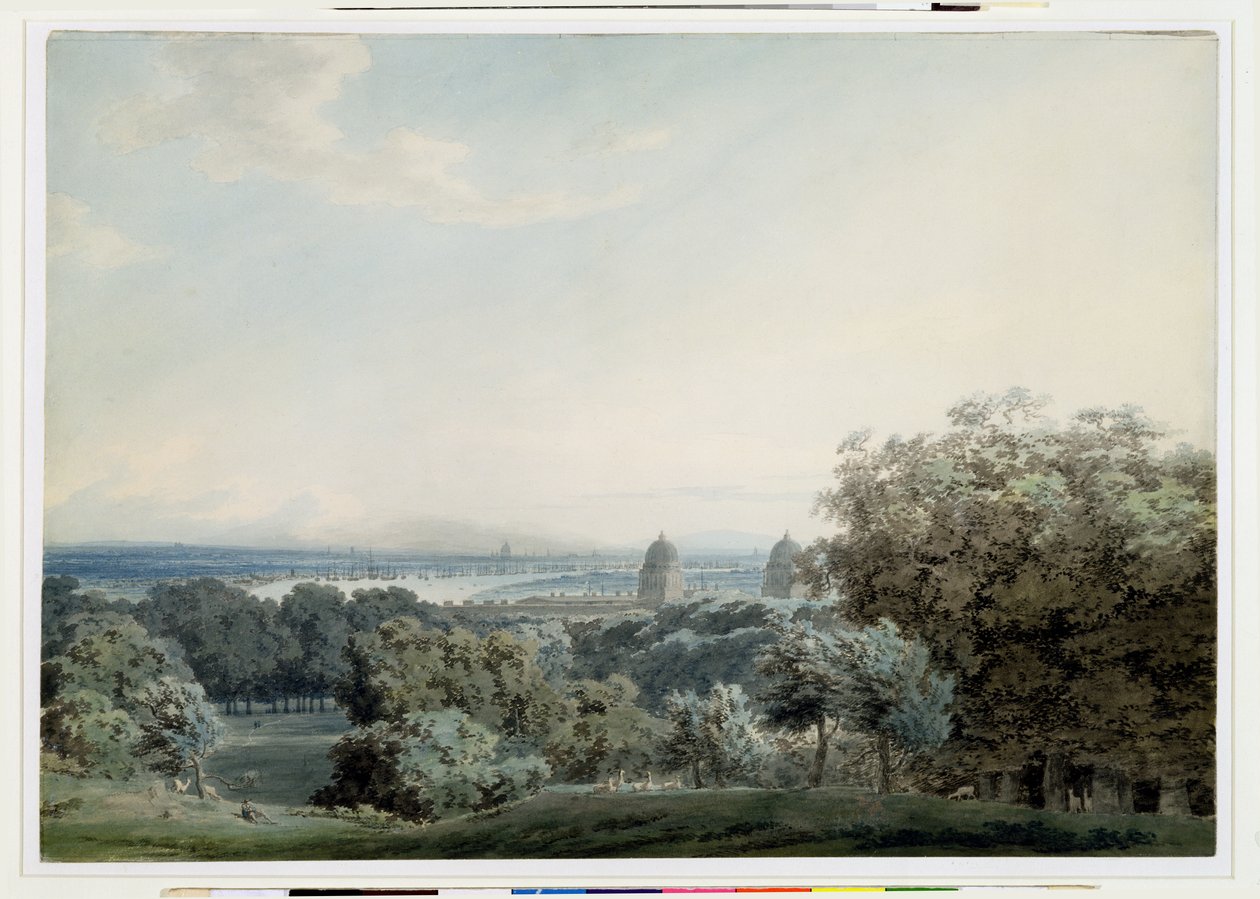 London Greenwich Hillről, 1791 körül (wc, fekete tinta és grafitos mosás szőtt papíron) alkotó: John Robert Cozens