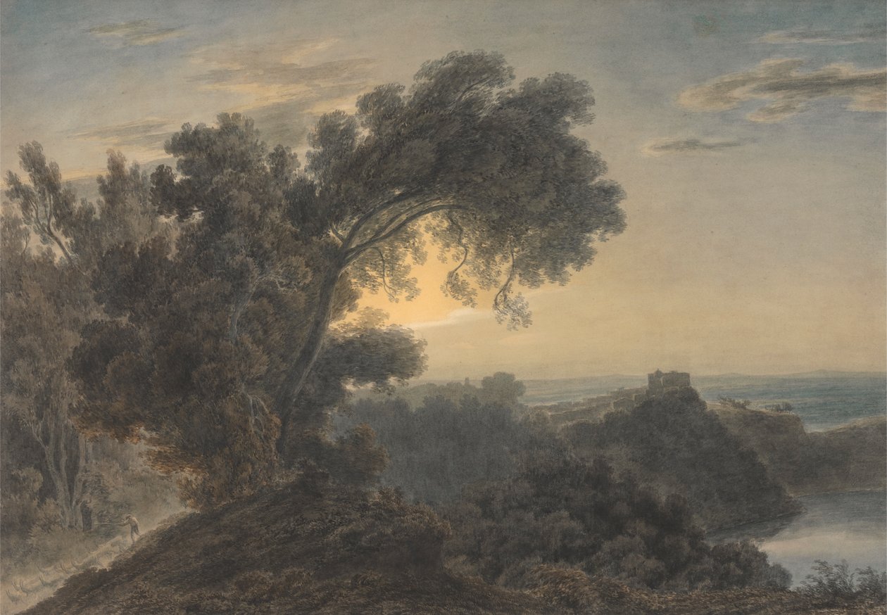 Az Albano-tó és a Gandolfo-kastély alkotó: John Robert Cozens