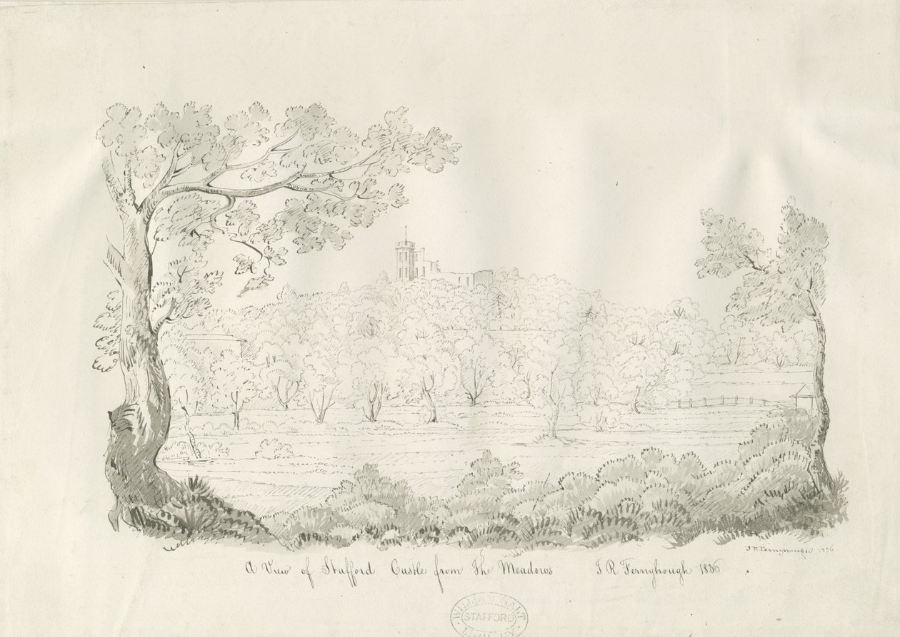 Stafford Castle - East View: toll és szépia rajz alkotó: John Robert Fernyhough