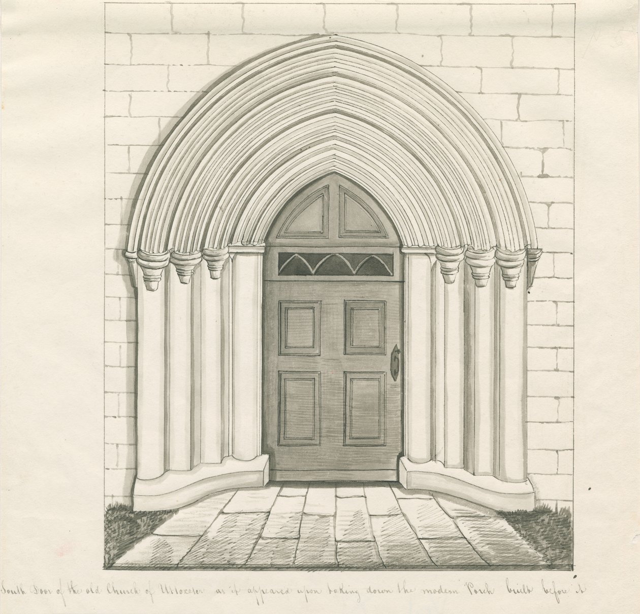 Uttoxeter templom – Déli ajtó: toll- és mosórajz, és [?19. század közepe] (rajz) alkotó: John Robert Fernyhough